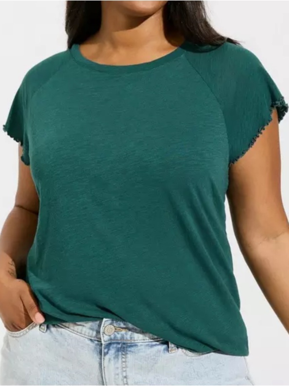 Cotton Modal Slub Crew Neck Flutter Sleeve Tee deep teal